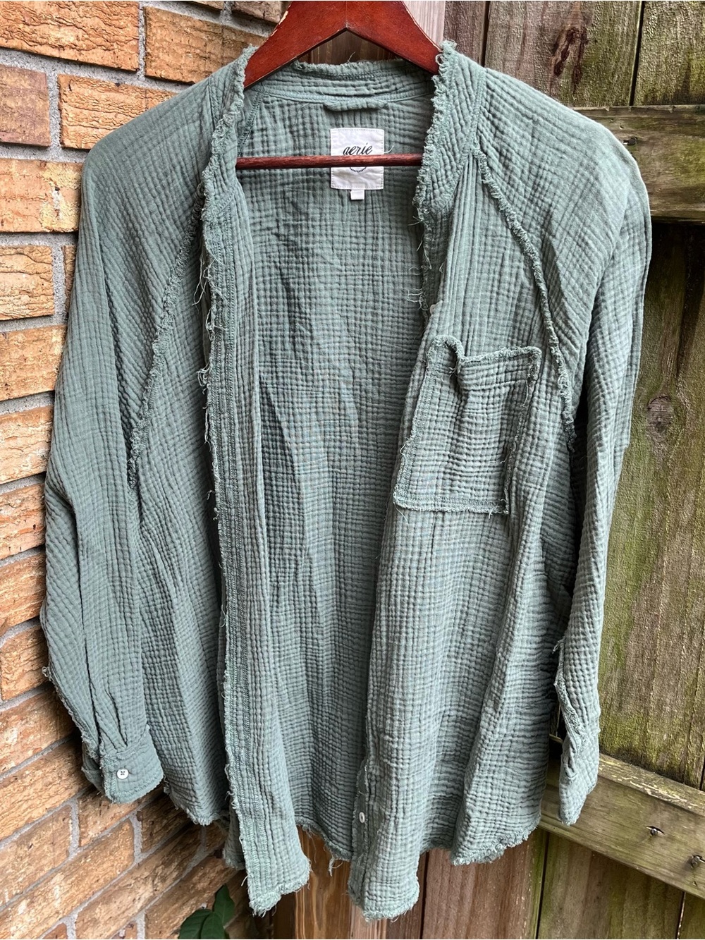 aerie Washed Sage Button-Front Cotton Gauze Shirt